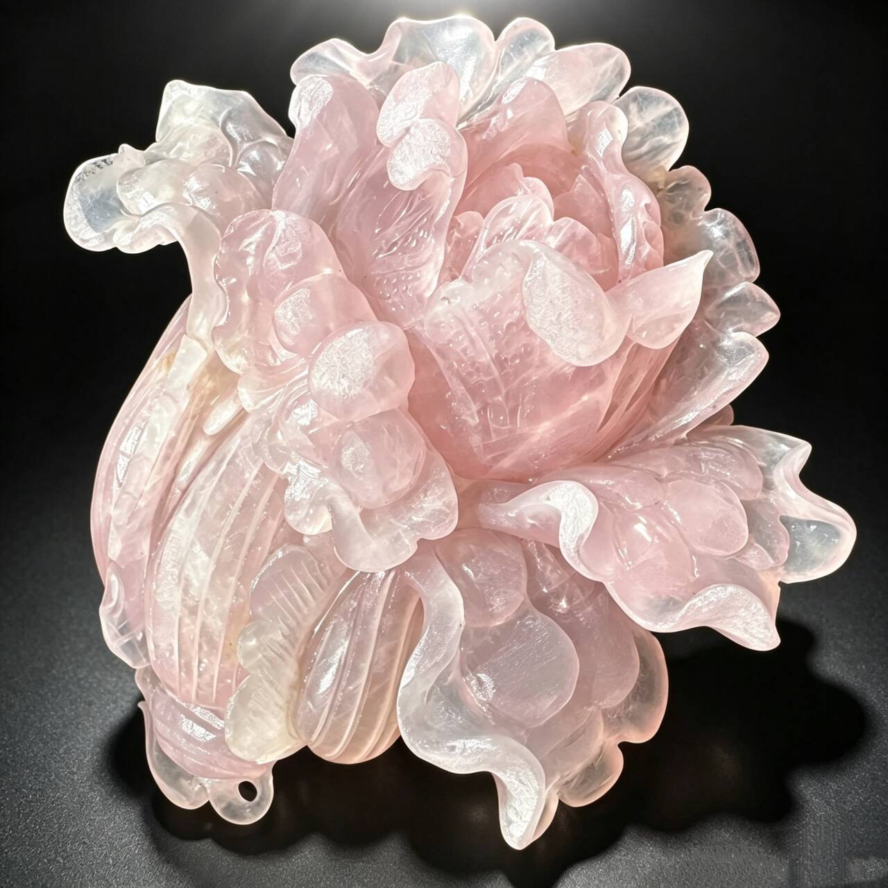 Natural rose quartz hand carved Chinese cabbage sculpture back view showing detailed leaf veins