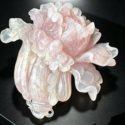 Large natural rose quartz Chinese cabbage sculpture three quarter view with curled leaf details