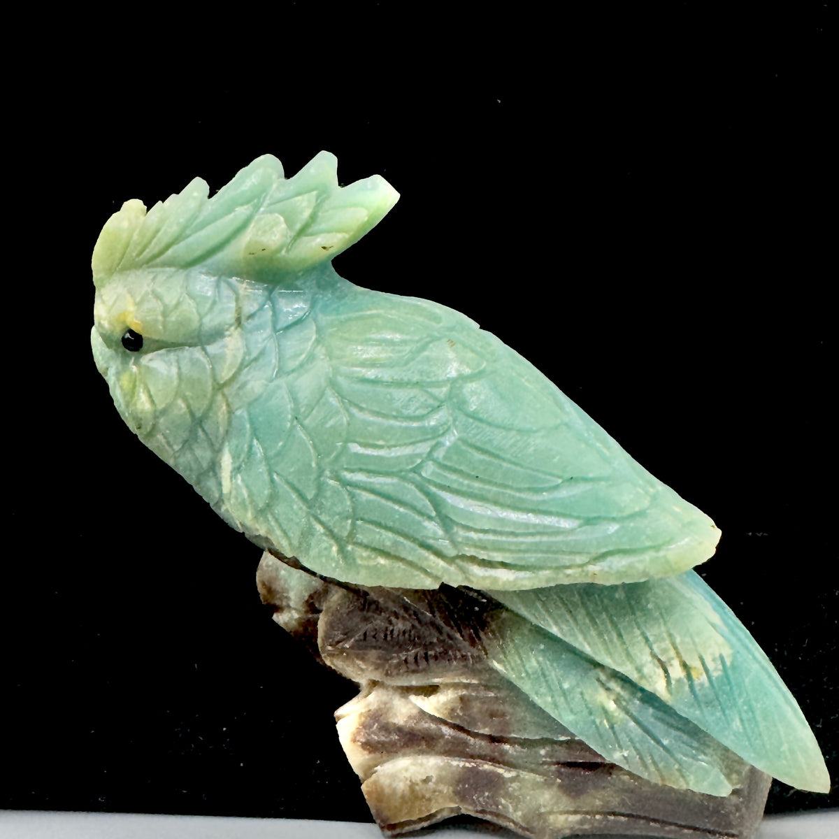 An extreme close-up shot focusing on the parrot's wisely carved face, beak, and expressive eyes within the crystal.