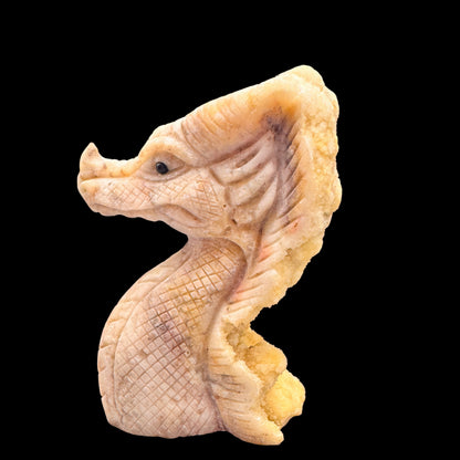Multiple calcite dragon heads showing natural variations in transparency and crystal formations.

