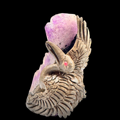 Front view of the amethyst cluster bird sculpture showing detailed feather carving and natural crystal points for spiritual connection.