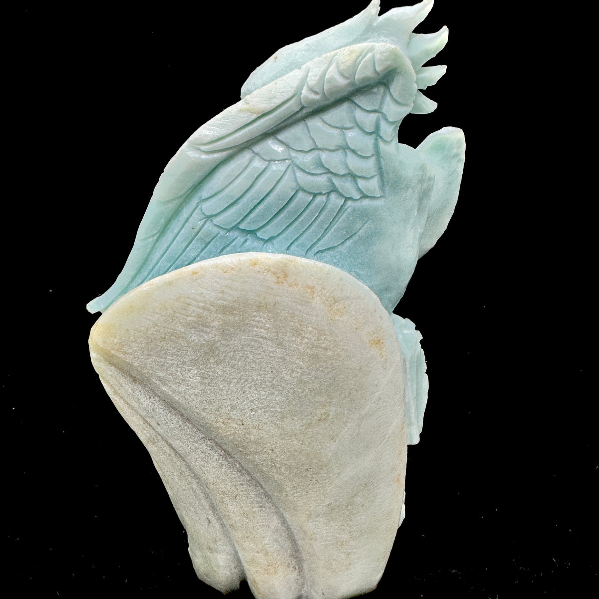 The soothing green-blue color of the bird, associated with heart chakra healing.