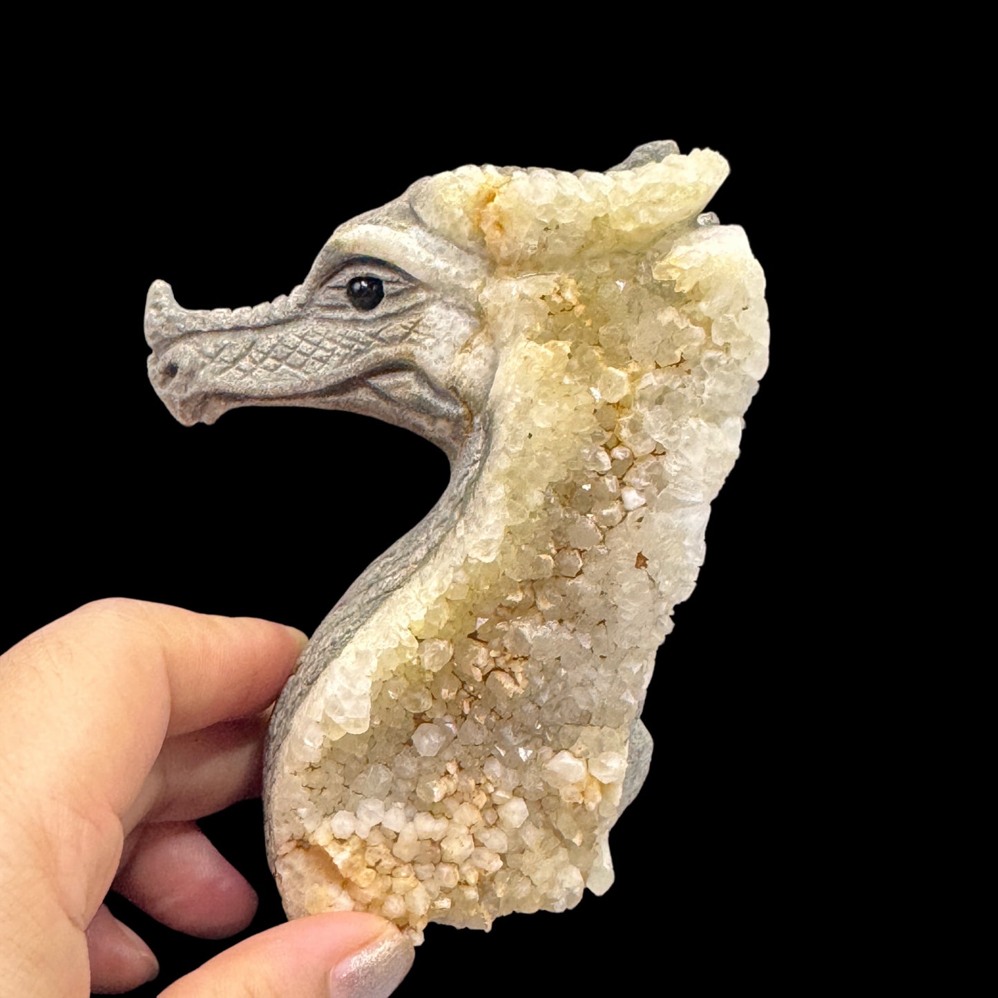 Hand Carved Crystal Cluster Dragon Head Sculpture for Energy Amplification