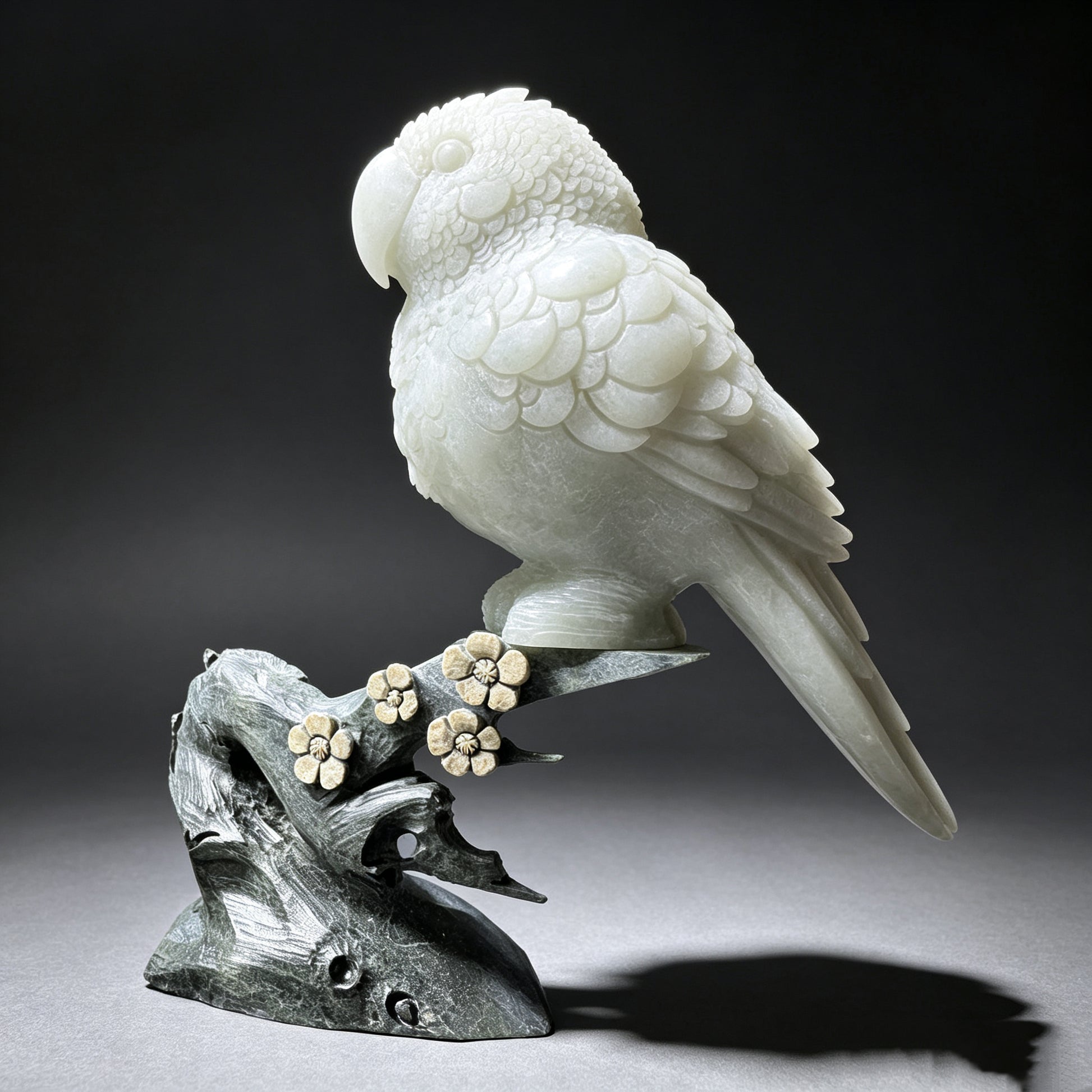Hand carved natural stone parrot figurine perched on a decorative stone branch, three-quarter view.