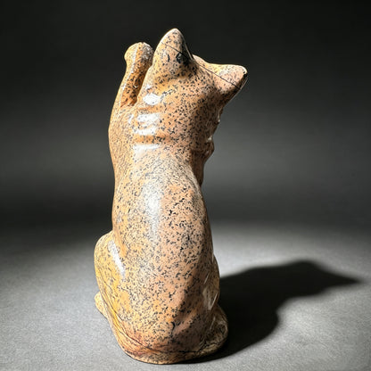 Natural Stone Carved Waving Cat Figurine Speckled Gemstone Kitty Collectible Decor