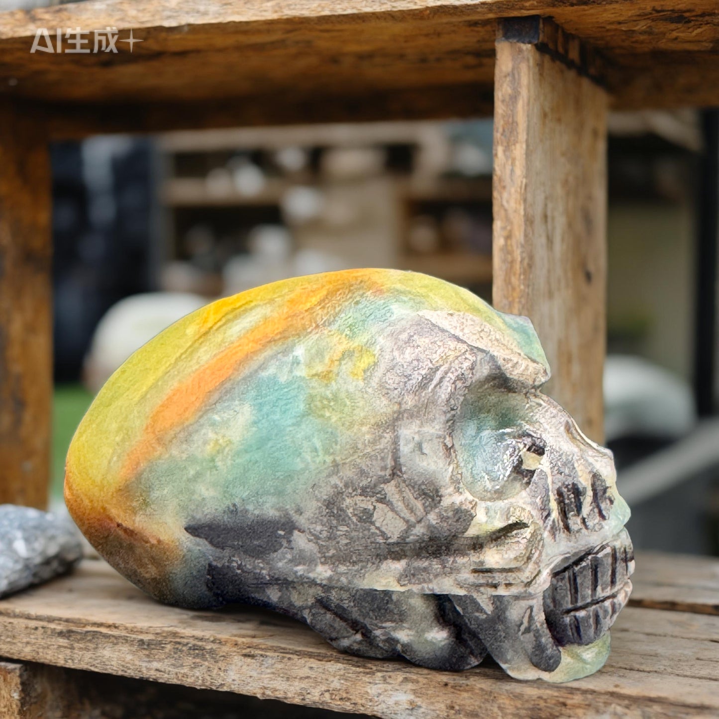 Blue-green amazonite skull under soft lighting.