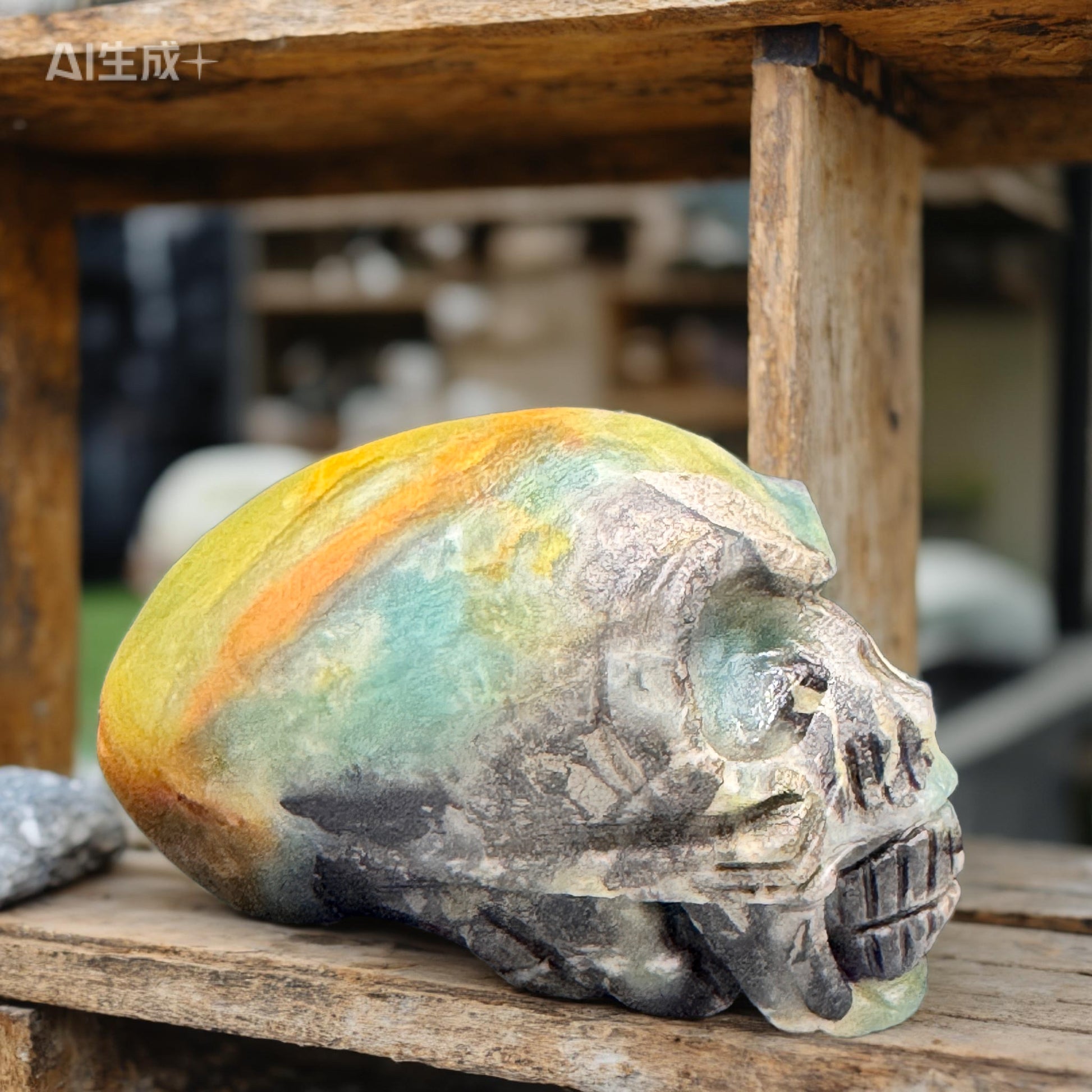 Blue-green amazonite skull under soft lighting.