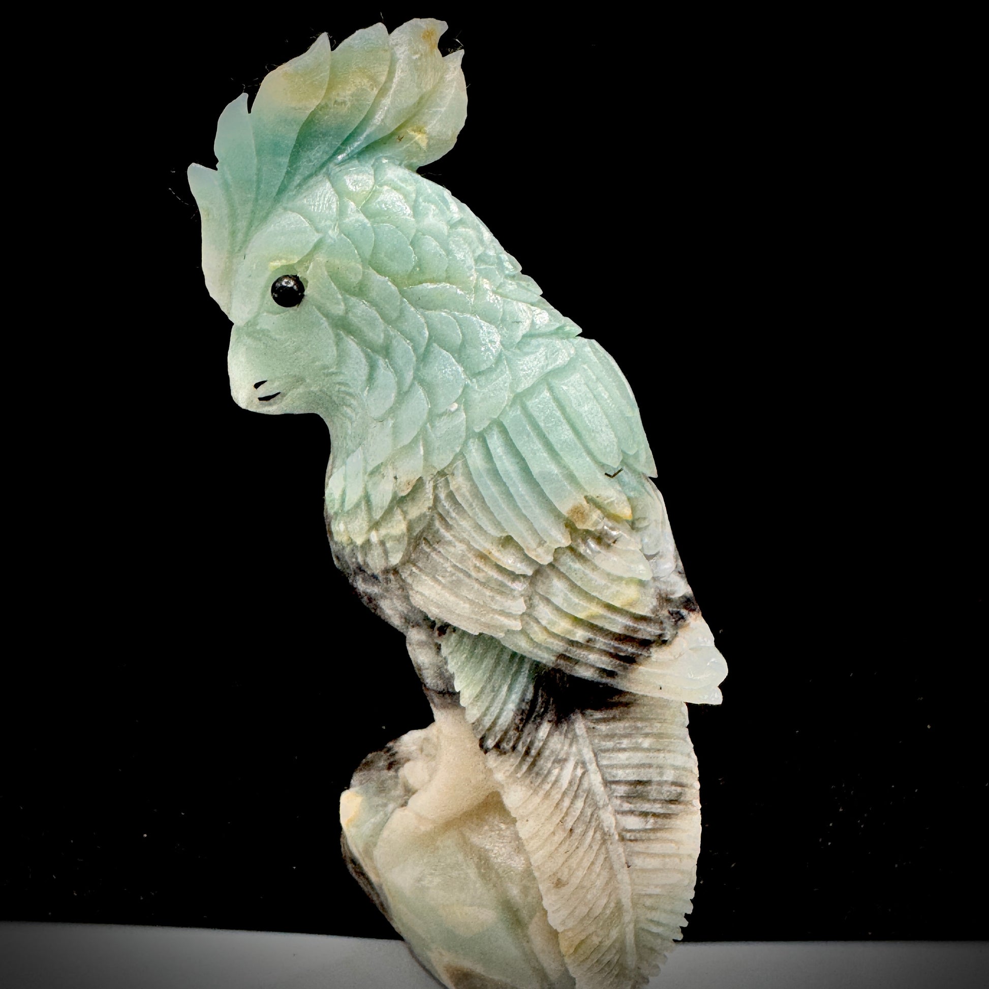 A close-up detail of the quartz flash on the back of a parrot carved by a craftsman.