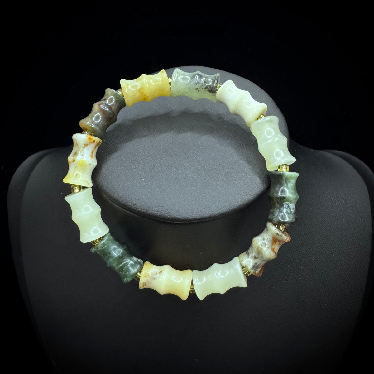 Wearing a bamboo bead bracelet during meditation practice enhances focus and inner peace.