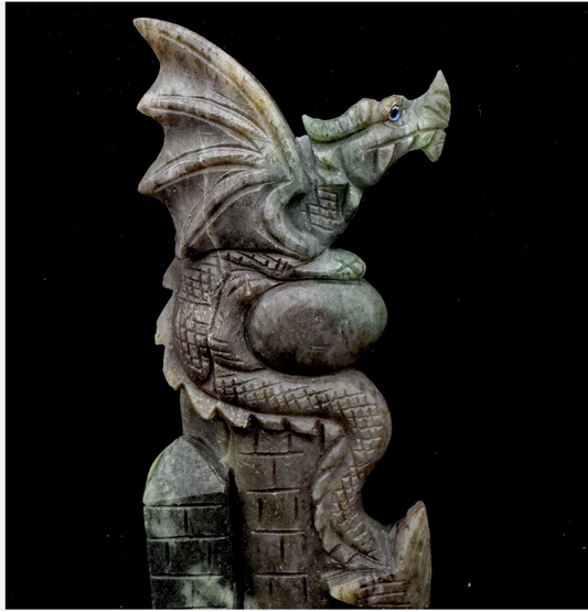 Detailed Wing Carving of Amazonite Dragon - Natural Green Crystal with Dynamic Flow Lines